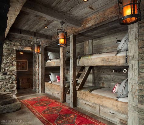A Room With Bunk Beds And Rugs On The Floor In Front Of It