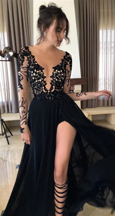 sexy a line long sleeves black long chiffon prom dress with side slit on storenvy