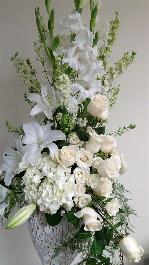 Tall white arrangement, White gladiolus, White oriental lilies, white roses, white hy… | Large 