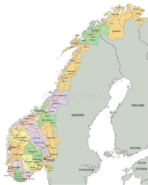 Mappa Politica Della Norvegia Altamente Dettagliata E Modificabile