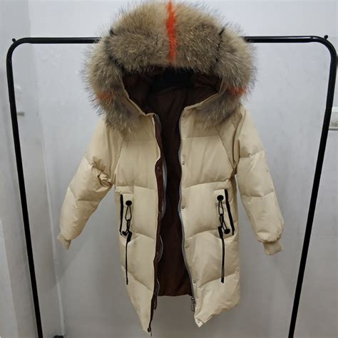 Russian Winter Women Winter Coat Real Raccoon Fur White Duck Down
