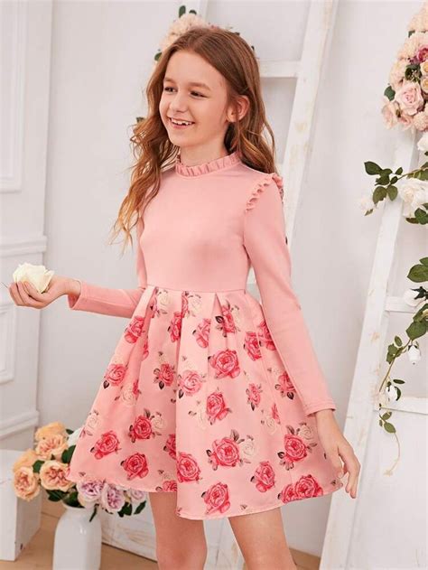 Mädchen Kleid mit Blumen Muster Rüschenbesatz und Falten SHEIN Girls dresses online Girl