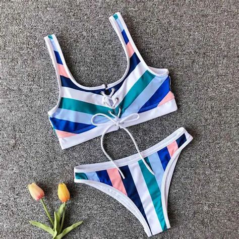 2019 Striped Brazilian Bikini Women Swimwear Female Swimsuit Backless