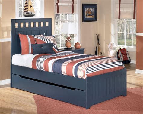 Leo Twin Panel Bed With Trundle Under Bed Storage In Blue Ashley