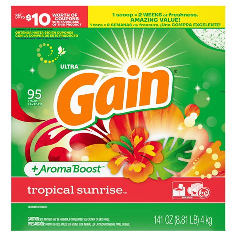 Gain Powder Laundry Detergent For Regular And He Washers Tropical Sunrise Scent 141 Ounces 95