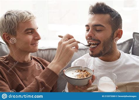 Happy Gay Couple Enjoying Breakfast Stock Image Image Of Male Love 213373369