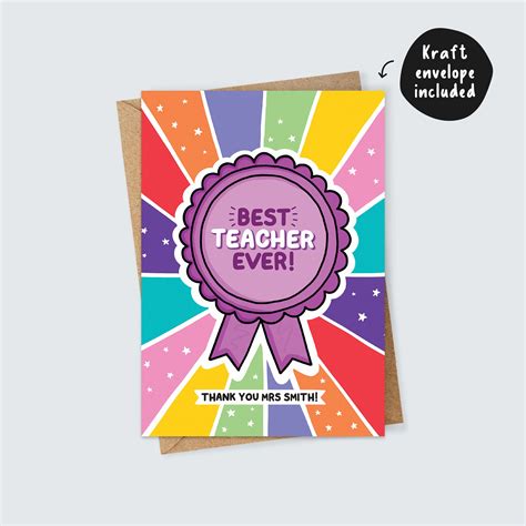 Personalised Best Teacher Ever Thank You Award Card With Name Etsy