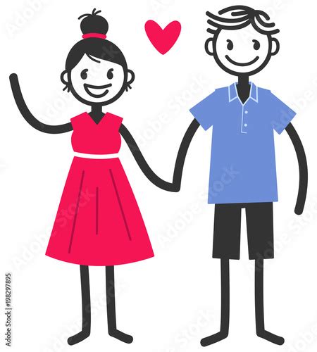 Vector Illustration Of Cute Stick Figures Holding Hands And Waving