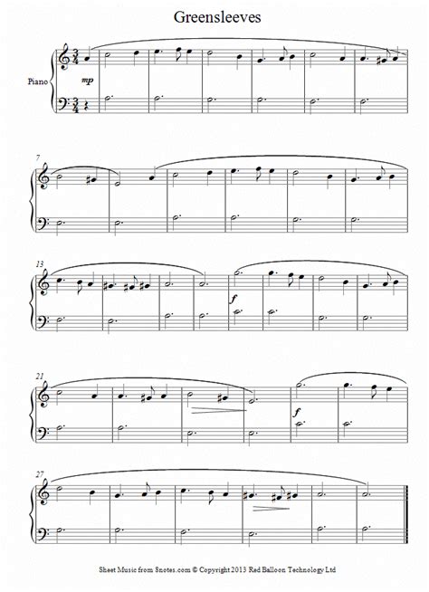 Greensleeves easy violin sheet music. Greensleeves (beginners) sheet music for Piano # ...