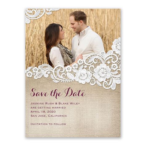 Discover thousands of save the date templates and designs to match your wedding theme! Burlap and Lace Save the Date Card | Ann's Bridal Bargains