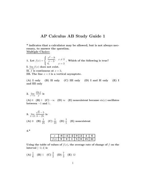 Ap Calculus Ab Study Guide 1 Trussville City Schools