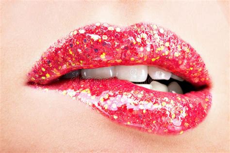 Beautiful Female Lips With Shiny Red Gloss Lipstick Closeup Beautiful