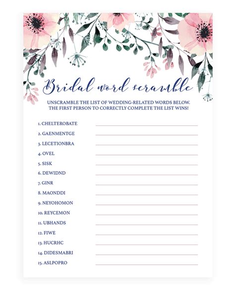 Word Scramble Bridal Shower Game Pink Floral Wedding Shower Theme