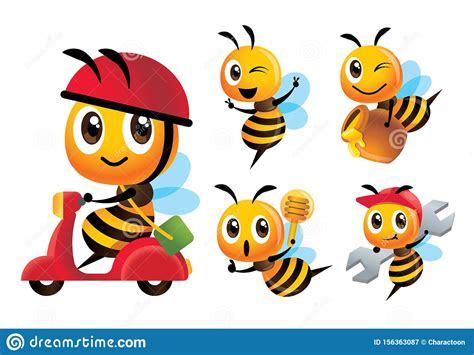 Cartoon Cute Bee Vector Mascot Set. Cartoon Cute Bee Rides Scooter