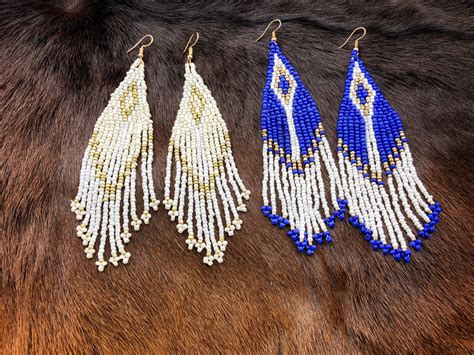 native american earrings glass beads beaded earrings blue or white boho earrings