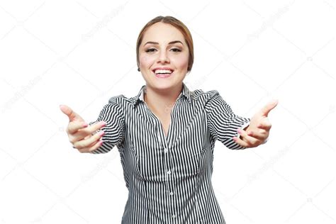 Woman Shows Come Here Gesture Stock Photo By ©lenanet 119943988