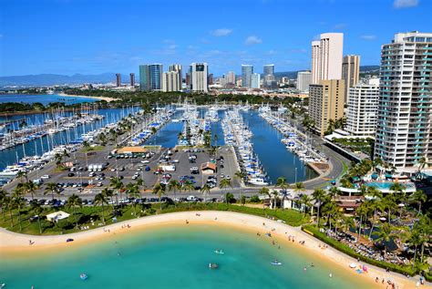 Aerial View Of Ala Wai Harbor And Downtown In Honolulu Oahu Hawaii Encircle Photos
