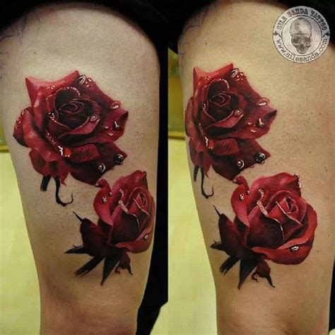 Amazing Looking Very Detailed Red Colored Thigh Tattoo Of Roses With