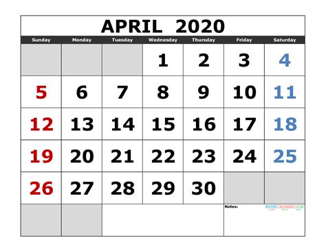 April 2020 Printable Calendar Template Excel Pdf Image Us Edition