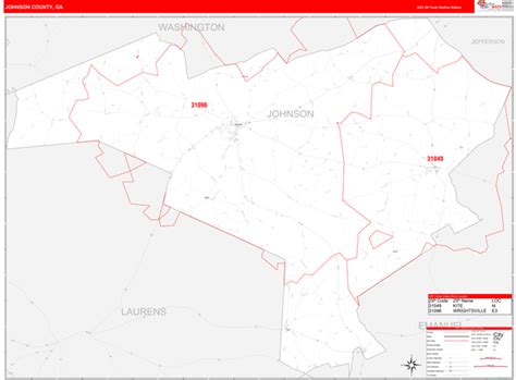 Johnson County Ga Zip Code Wall Map Red Line Style By Marketmaps