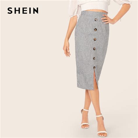Shein Grey Button Front Slit Bodycon Pencil Long Skirt Spring Autumn
