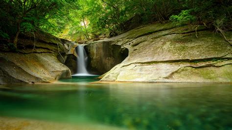 Waterfall Cliff Stone Water Trees Forest Green Long Exposure