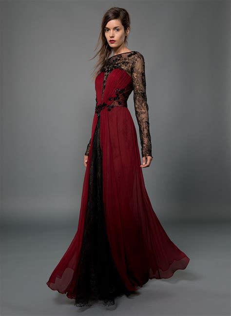 Chiffon And Lace Long Sleeve Gown With Beaded Embellishment In Burgundy