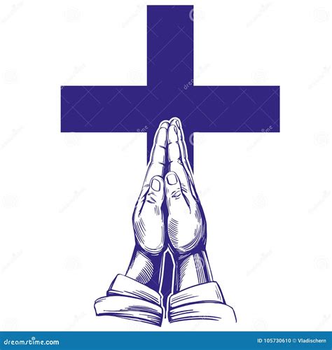 Praying Hands Cross Symbol Of Christianity Hand Drawn Vector
