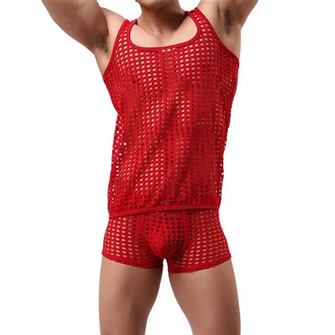 Men S Hollow Mesh Nets Sexy Underwear Set Boxer Briefs Top Tank Vest