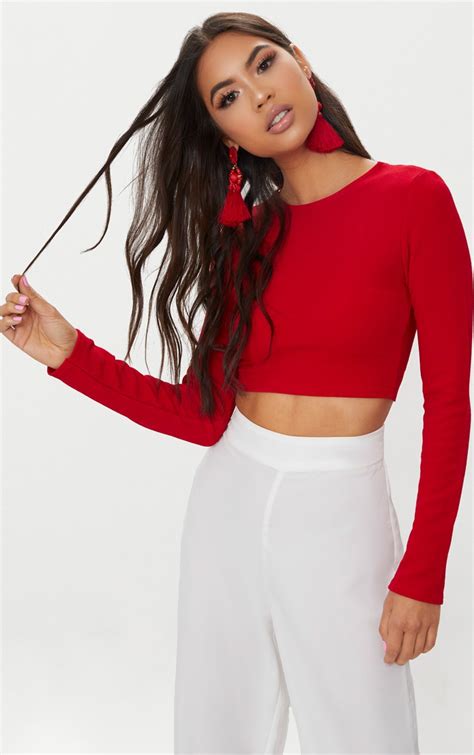 Red Lace Up Back Long Sleeve Crop Top Tops Prettylittlething Usa