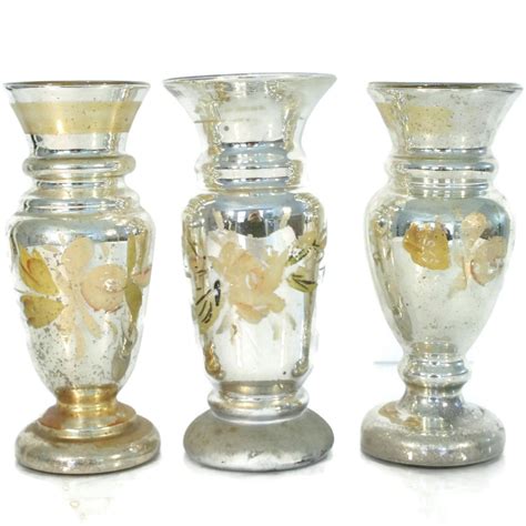 Set Of Three Antique Mercury Glass Vases Hand Painted