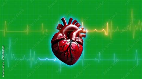 Loop Animation Of 3d Heart Beating With Neon Heart Pulse On Green