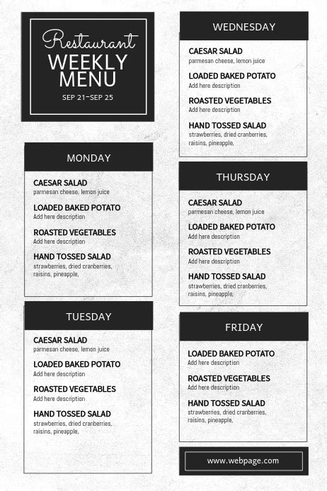 Here's an easy way to organize your ideas, grocery list, fresh ingredients to source, the recipes. Restaurant weekly menu template | PosterMyWall