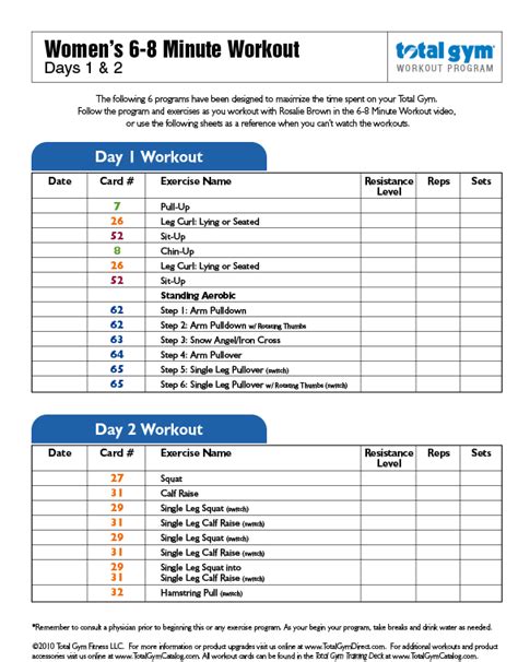 Total Gym Workout Chart Printable Printable World Holiday
