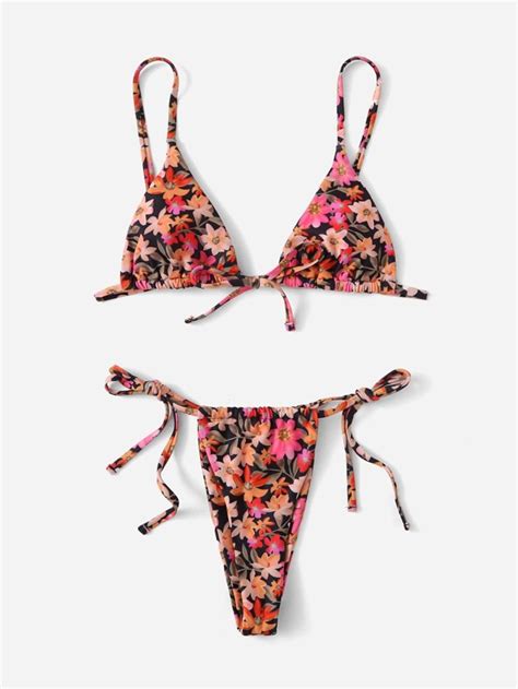 Shein Swim Vcay Floral Print Bikini Set Halter Triangle Bra And Thong Bottom 2 Piece Bathing Suit