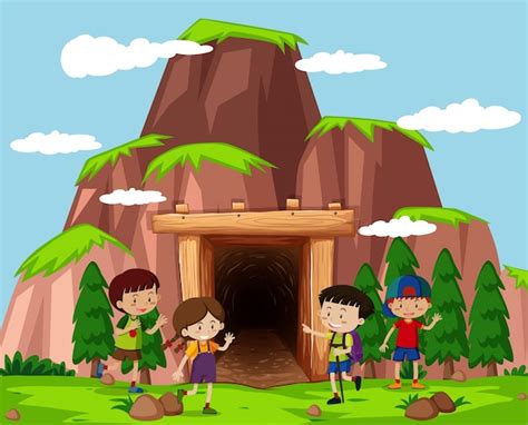 Niños Felices Frente A La Cueva Vector Premium