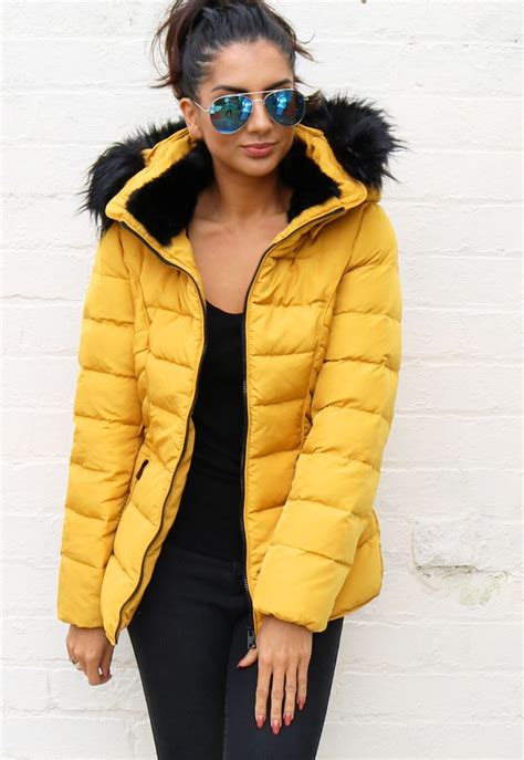 Quilted Padded Short Hooded Puffer Anorak Coat With Fur Trim In Mustard
