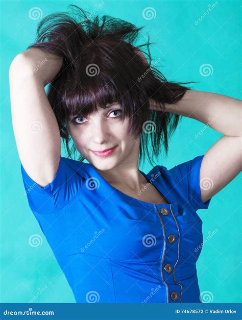 Beautiful Brunette In A Blue Dress Stock Photo Image Of Hair Face