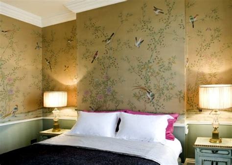 Hand Painted Chinese Silk Wallpaper With Chinoiserie Floral Pattern