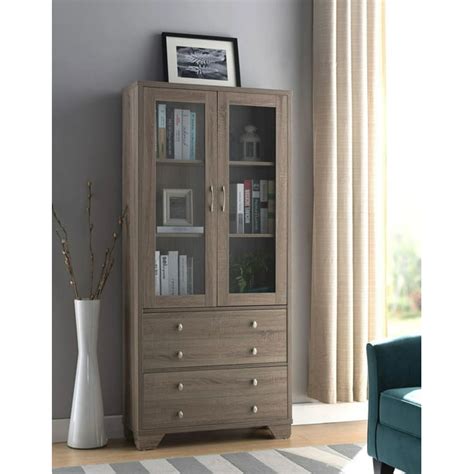 Fc Design Bookcase With Glass Doors And Two Drawers In Dark Taupe