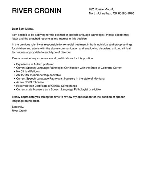 Speech Language Pathologist Cover Letter | Velvet Jobs