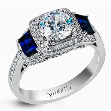 Oval halo diamond engagement ring. Simon G. 18K White Gold Three Stone Diamond | Sapphire engagement ring blue, Three stone diamond ...