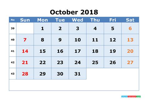 October 2018 Calendar With Week Numbers Printable 1 Month Calendar