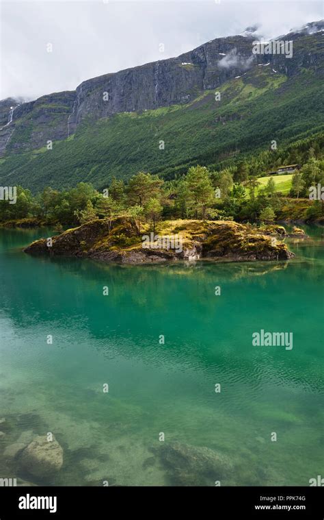 Green Lake Lovatnet In Lodal Valley Scenic Landscape Of Norway Sunny