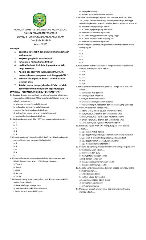 Soal Dan Jawaban Qurdis Kelas 12 Semester 1 Terbaru