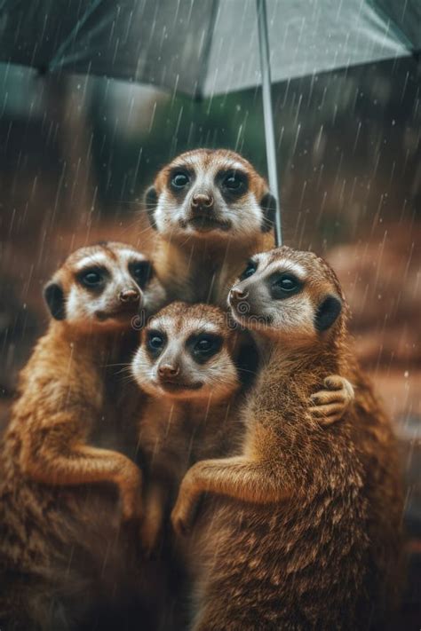 A Group Of Meerkats Standing Under An Umbrella In The Rain Generative
