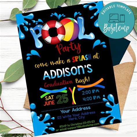 Graduation Pool Party Invitations Printable Instant Download