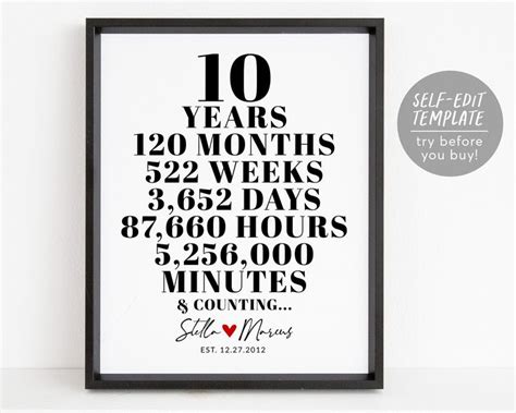 Editable Personalized 10th Wedding Anniversary Template 10 Years Together T For Wife