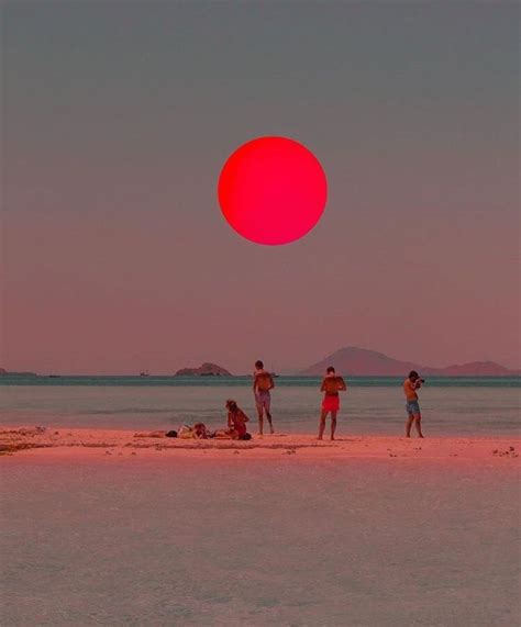 four people standing on the beach watching the sun go down