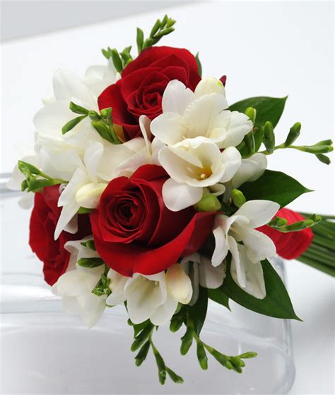 Red bouquet with pink accents. Three Rose Bouquet Freesia - Red | Las Vegas Wedding